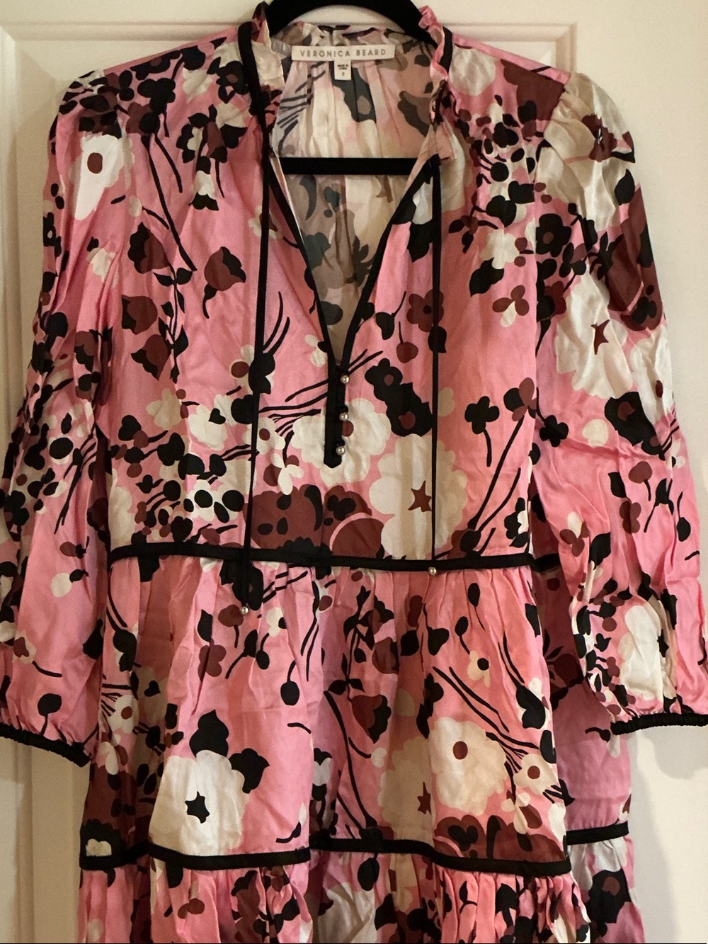 Veronica Beard Pink Floral Tiered Silk Dress with Black Trim